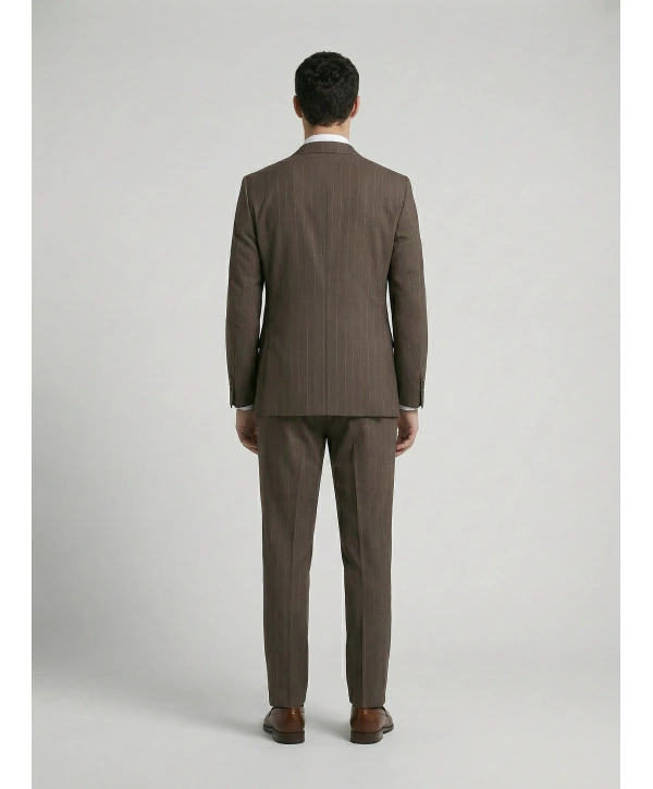 Erkek Dar Kesim Çizgili İki Düğme Takım Elbise-Kahverengi