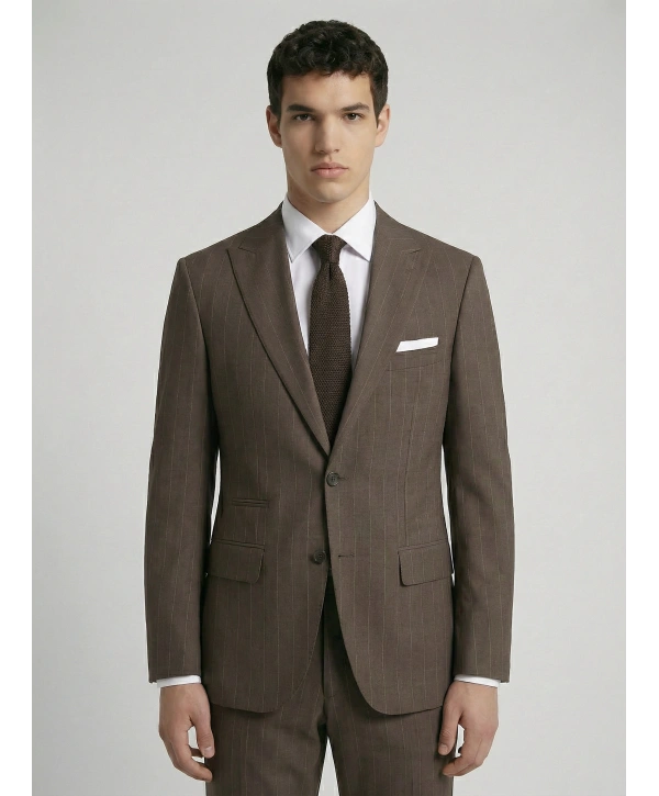 Erkek Dar Kesim Çizgili İki Düğme Takım Elbise-Kahverengi