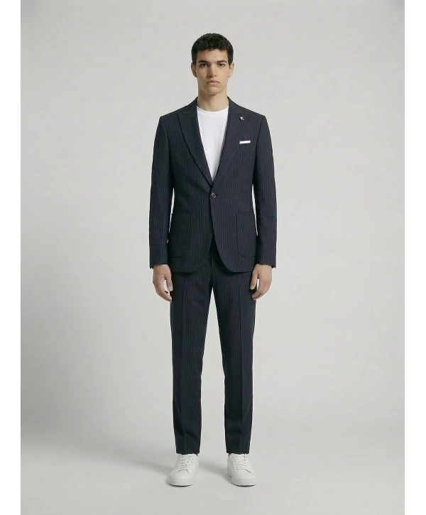 Erkek Dar Kesim Gofre Kumaş Çizgili Takım Elbise -Lacivert