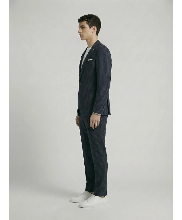 Erkek Dar Kesim Gofre Kumaş Çizgili Takım Elbise -Lacivert