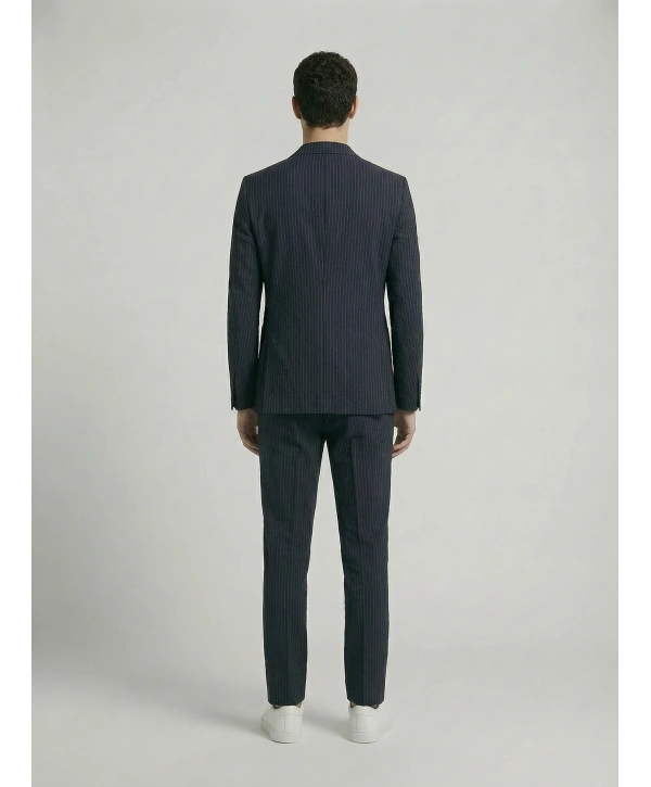 Erkek Dar Kesim Gofre Kumaş Çizgili Takım Elbise -Lacivert
