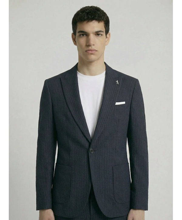Erkek Dar Kesim Gofre Kumaş Çizgili Takım Elbise -Lacivert