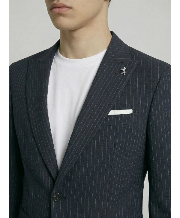 Erkek Dar Kesim Gofre Kumaş Çizgili Takım Elbise -Lacivert