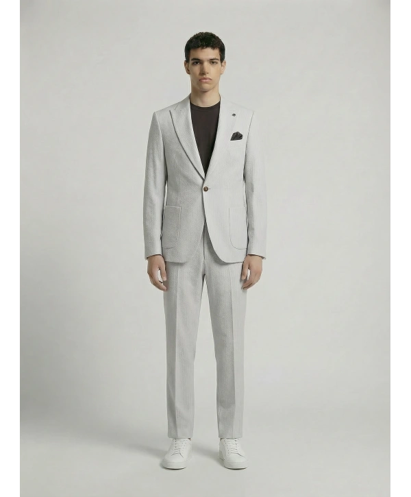 Erkek Dar Kesim Gofre Kumaş Çizgili Takım Elbise -Taş