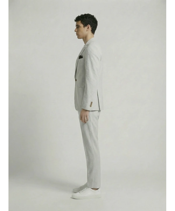 Erkek Dar Kesim Gofre Kumaş Çizgili Takım Elbise -Taş