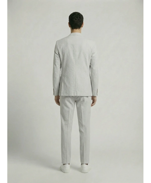 Erkek Dar Kesim Gofre Kumaş Çizgili Takım Elbise -Taş