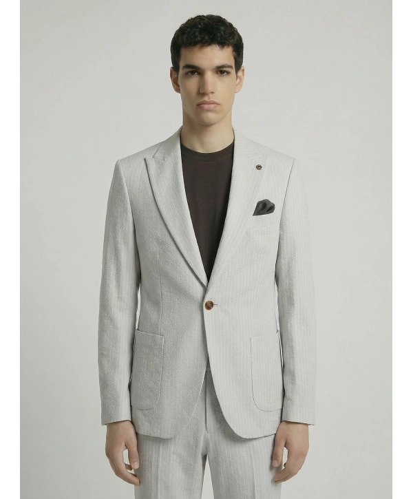 Erkek Dar Kesim Gofre Kumaş Çizgili Takım Elbise -Taş