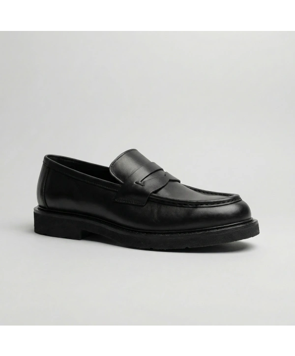 Erkek Deri Eva Taban Bağcıksız Ayakkabı- Siyah