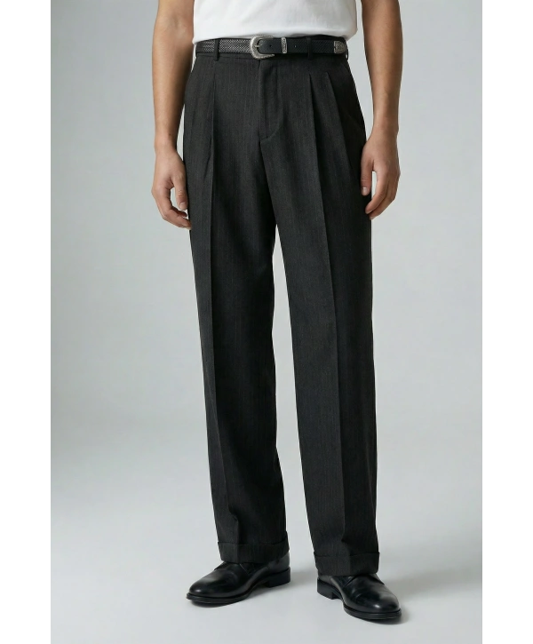 Erkek Rahat Kesim Bagy Çizgili Pantolon- Siyah