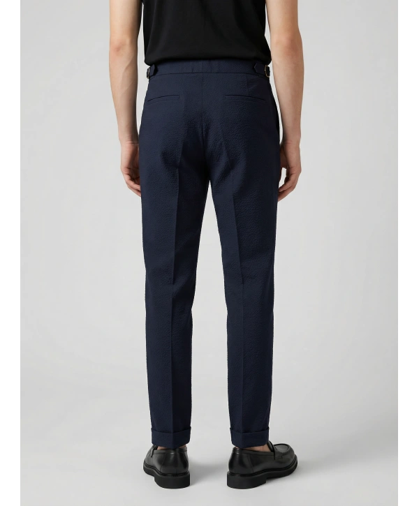 Erkek Dar Kesim Tokalı Yüksek Bel Pileli Duble Paça Gofre Kumaş Pantolon -Lacivert