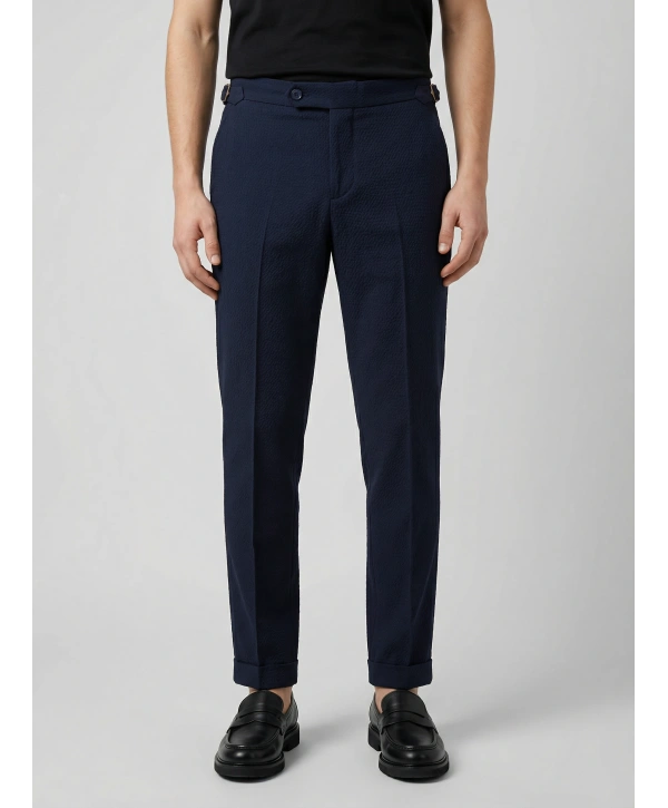 Erkek Dar Kesim Tokalı Yüksek Bel Pileli Duble Paça Gofre Kumaş Pantolon -Lacivert