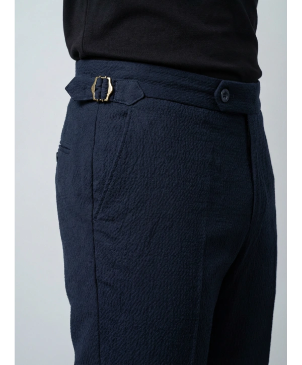 Erkek Dar Kesim Tokalı Yüksek Bel Pileli Duble Paça Gofre Kumaş Pantolon -Lacivert