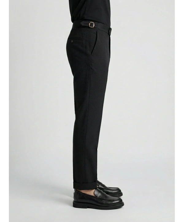 Erkek Dar Kesim Tokalı Yüksek Bel Pileli Duble Paça Gofre Kumaş Pantolon -Siyah