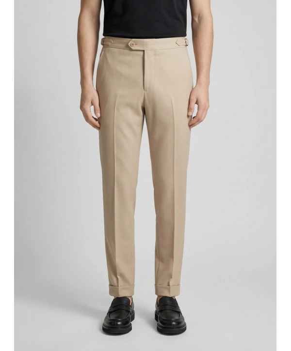 Erkek Dar Kesim Tokalı Yüksek Bel Pileli Duble Paça Klasik Pantolon -Krem