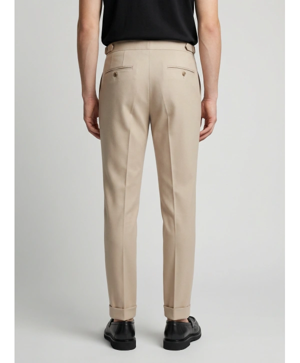 Erkek Dar Kesim Tokalı Yüksek Bel Pileli Duble Paça Klasik Pantolon -Krem