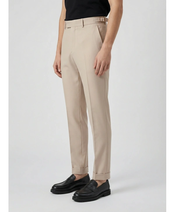 Erkek Dar Kesim Tokalı Yüksek Bel Pileli Duble Paça Klasik Pantolon -Krem