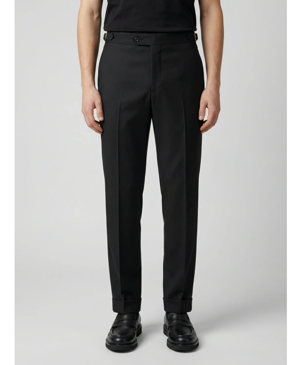 Erkek Dar Kesim Tokalı Yüksek Bel Pileli Duble Paça Klasik Pantolon -Siyah