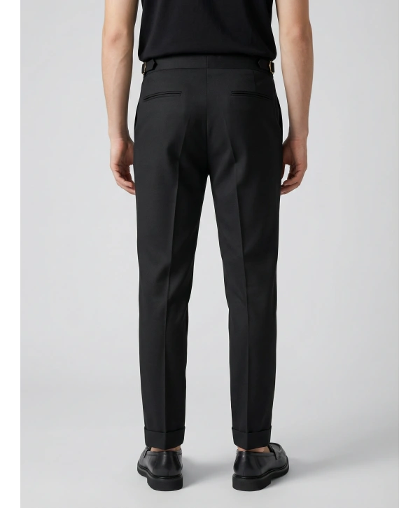 Erkek Dar Kesim Tokalı Yüksek Bel Pileli Duble Paça Klasik Pantolon -Siyah