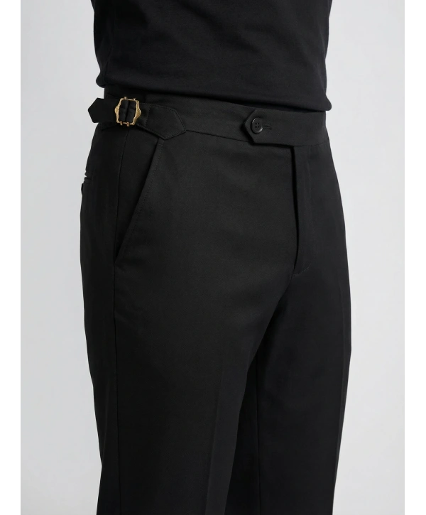 Erkek Dar Kesim Tokalı Yüksek Bel Pileli Duble Paça Klasik Pantolon -Siyah