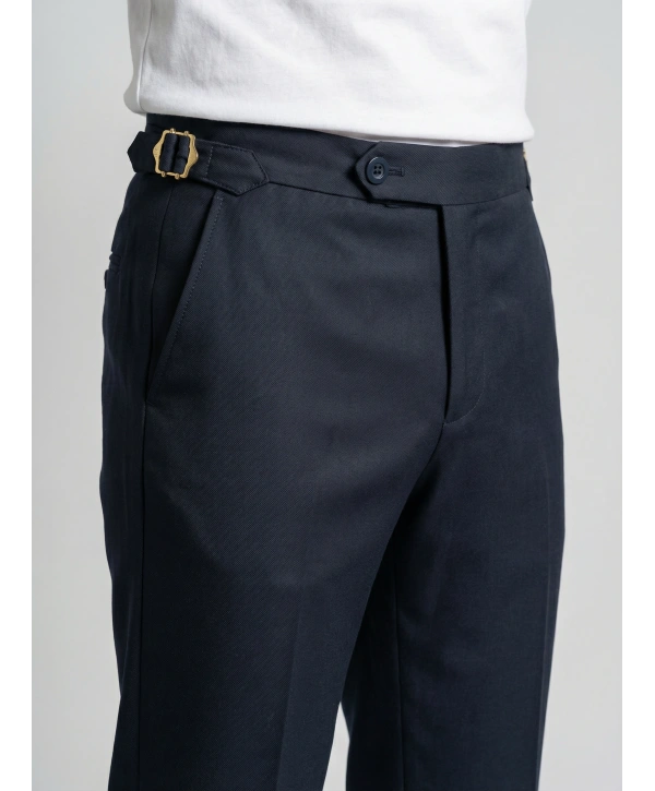 Erkek Dar Kesim Tokalı Yüksek Bel Pileli Duble Paça Klasik Pantolon -Lacivert
