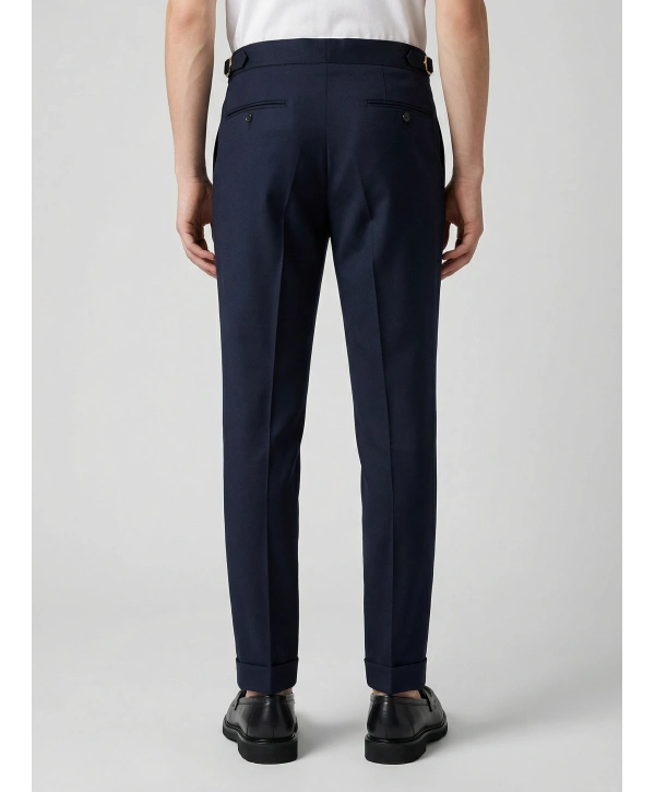Erkek Dar Kesim Tokalı Yüksek Bel Pileli Duble Paça Klasik Pantolon -Lacivert