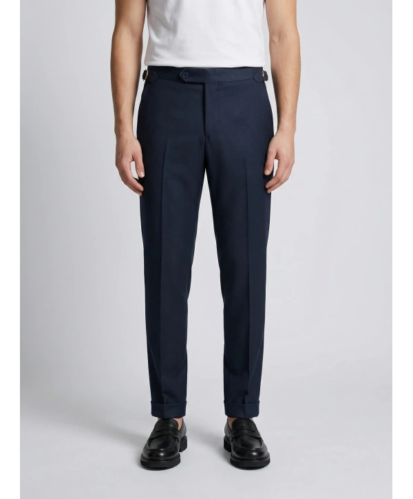 Erkek Dar Kesim Tokalı Yüksek Bel Pileli Duble Paça Klasik Pantolon -Lacivert