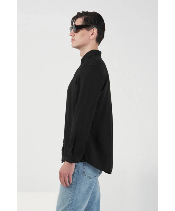 Erkek Tensel Kumaş Owersize Uzun Kollu Gömlek- Siyah