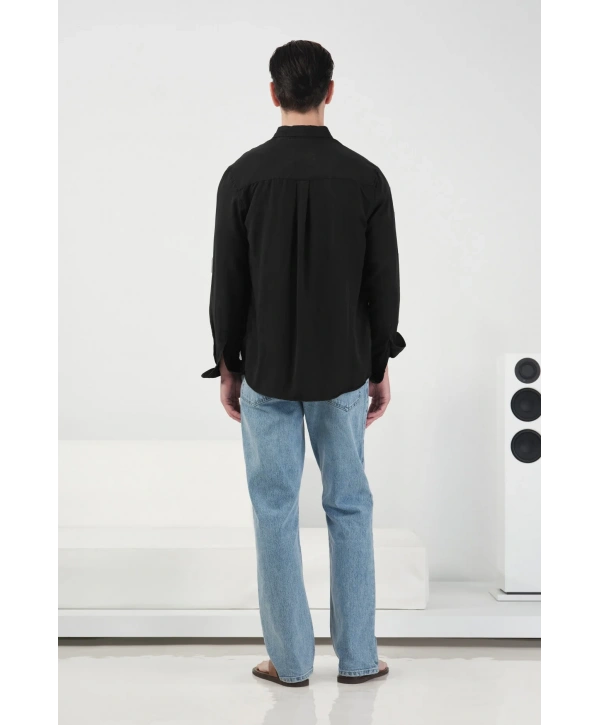 Erkek Tensel Kumaş Owersize Uzun Kollu Gömlek- Siyah