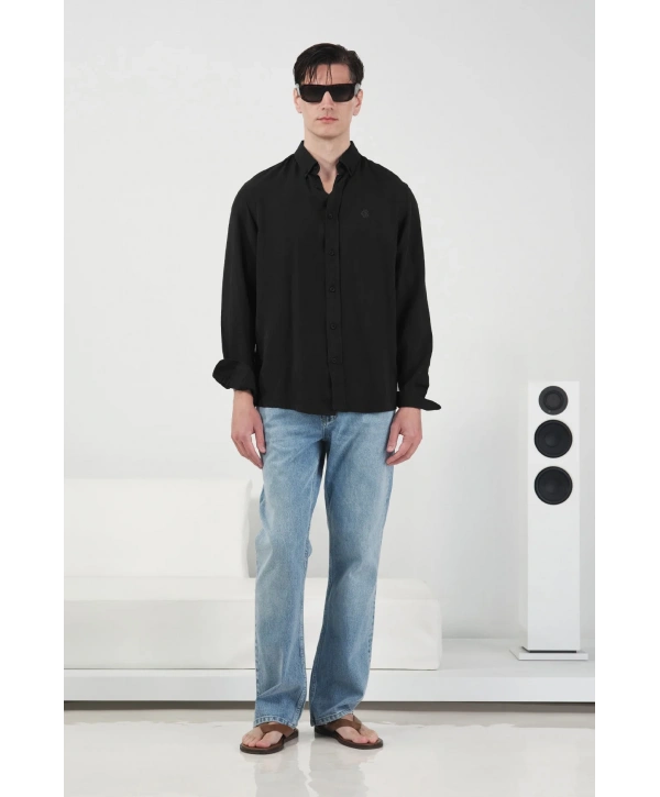 Erkek Tensel Kumaş Owersize Uzun Kollu Gömlek- Siyah