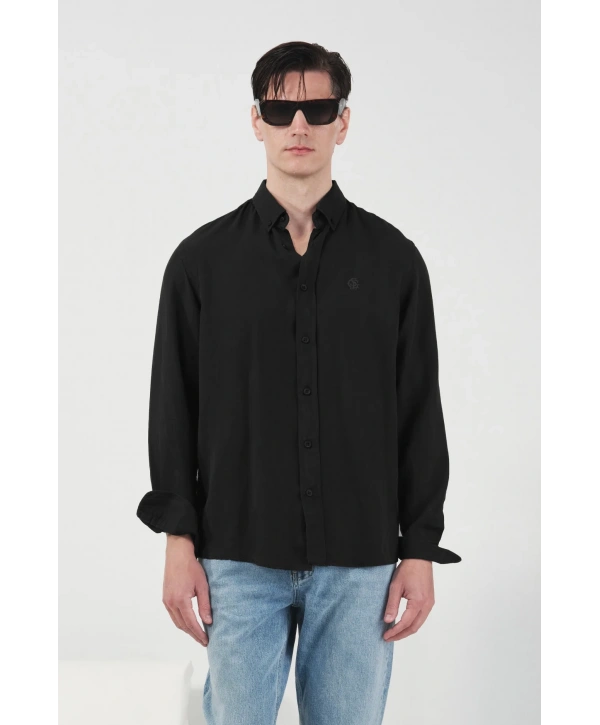 Erkek Tensel Kumaş Owersize Uzun Kollu Gömlek- Siyah