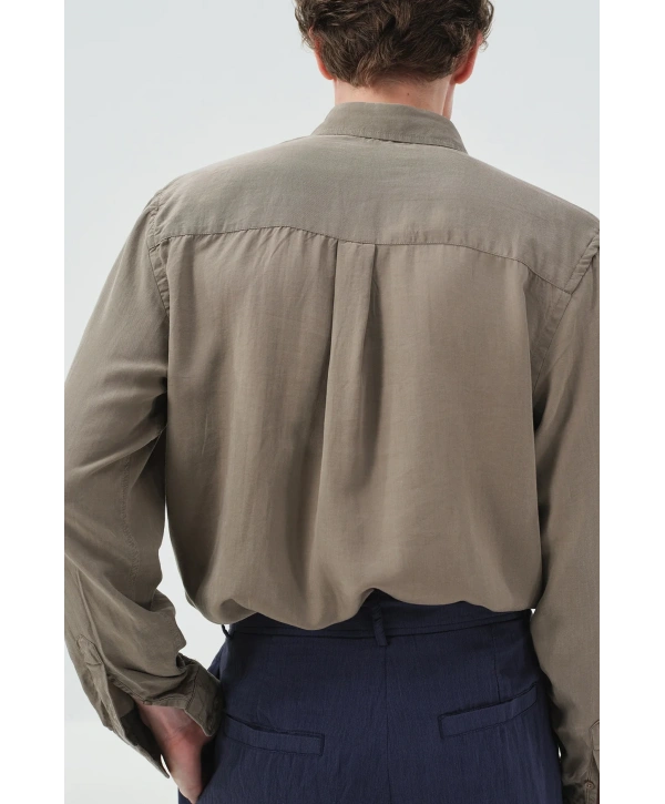Erkek Tensel Kumaş Owersize Uzun Kollu Gömlek- Haki