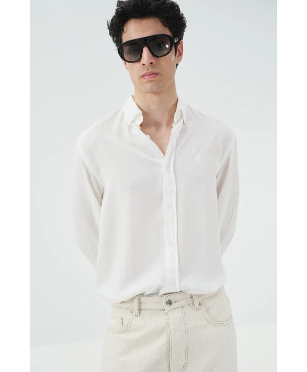 Erkek Tensel Kumaş Owersize Uzun Kollu Gömlek- Beyaz
