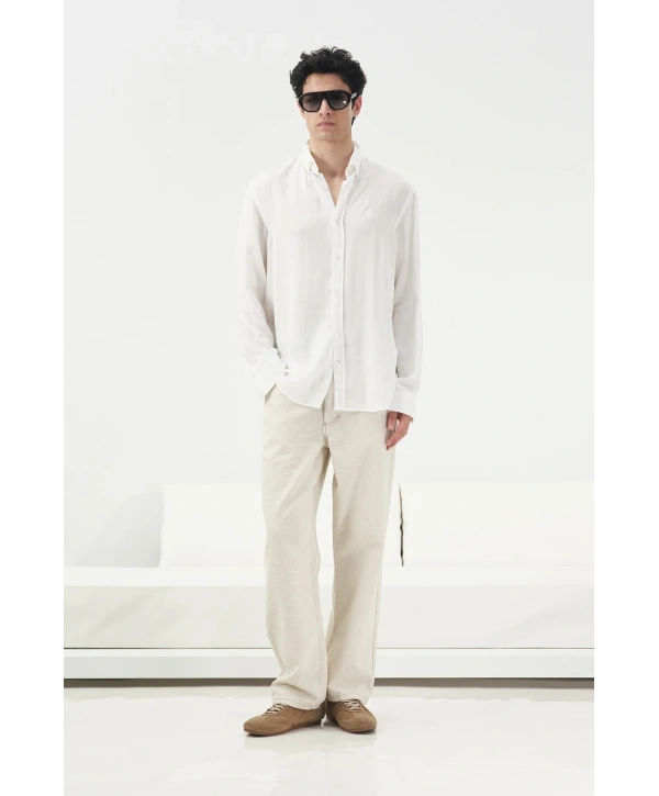 Erkek Tensel Kumaş Owersize Uzun Kollu Gömlek- Beyaz