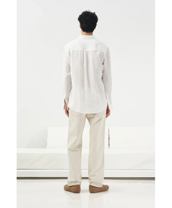 Erkek Tensel Kumaş Owersize Uzun Kollu Gömlek- Beyaz