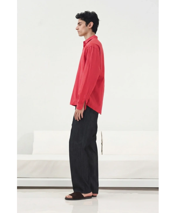 Erkek Owersize Fresh Keten Gömlek- Kırmızı