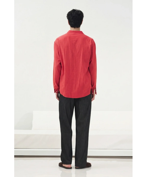 Erkek Owersize Fresh Keten Gömlek- Kırmızı
