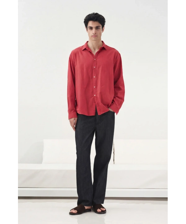 Erkek Owersize Fresh Keten Gömlek- Kırmızı