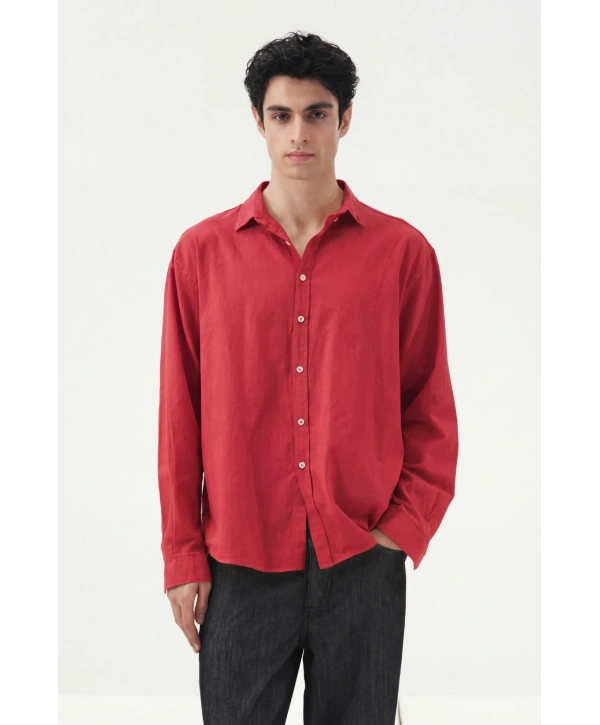 Erkek Owersize Fresh Keten Gömlek- Kırmızı