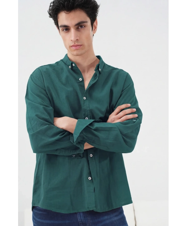 Erkek Owersize Fresh Keten Gömlek- Yeşil