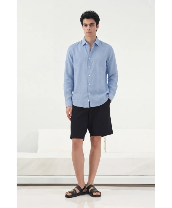 Erkek Owersize Fresh Keten Gömlek- B Mavi