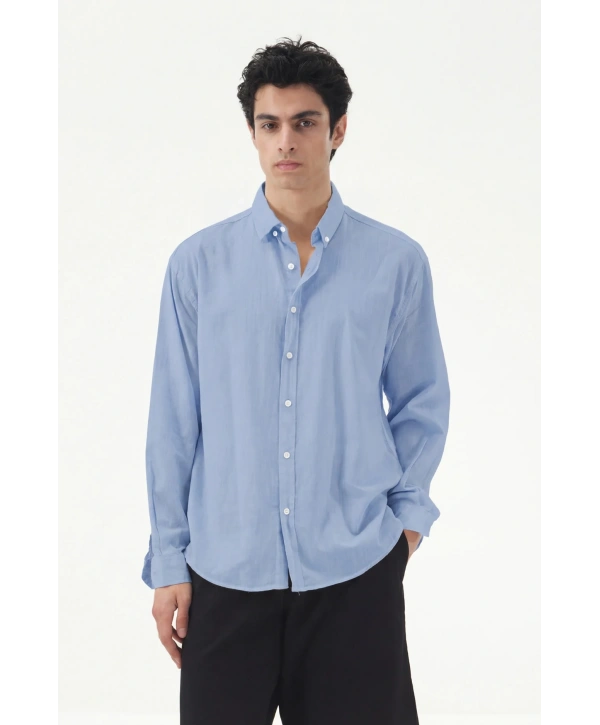 Erkek Owersize Fresh Keten Gömlek- B Mavi