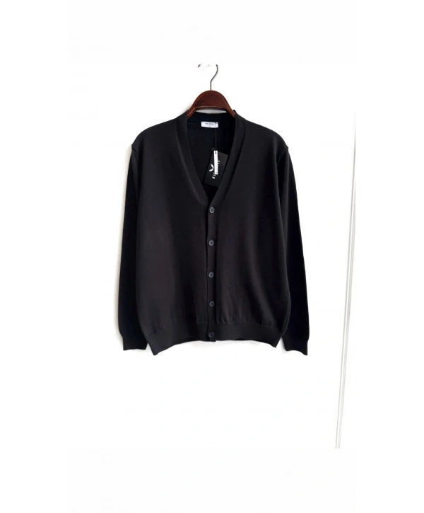 Erkek Normal Kesim Uzun Kollu Düğmeli Hırka Triko -Siyah