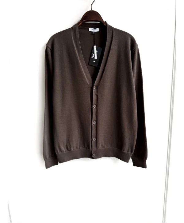 Erkek Normal Kesim Uzun Kollu Düğmeli Hırka Triko -Kahverengi