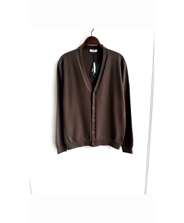 Erkek Normal Kesim Uzun Kollu Düğmeli Hırka Triko -Kahverengi