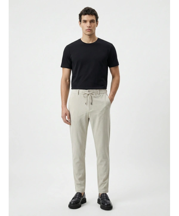 Erkek Beli Lastikli Likralı Joger Pantolon-Krem