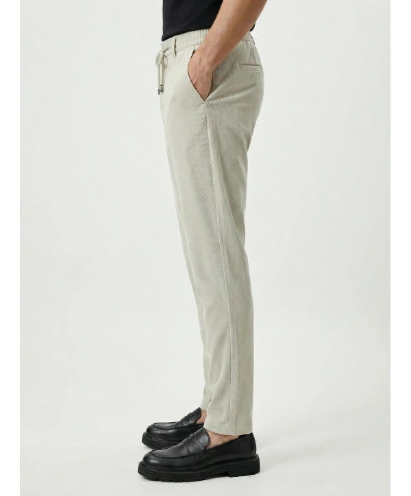 Erkek Beli Lastikli Likralı Joger Pantolon-Krem