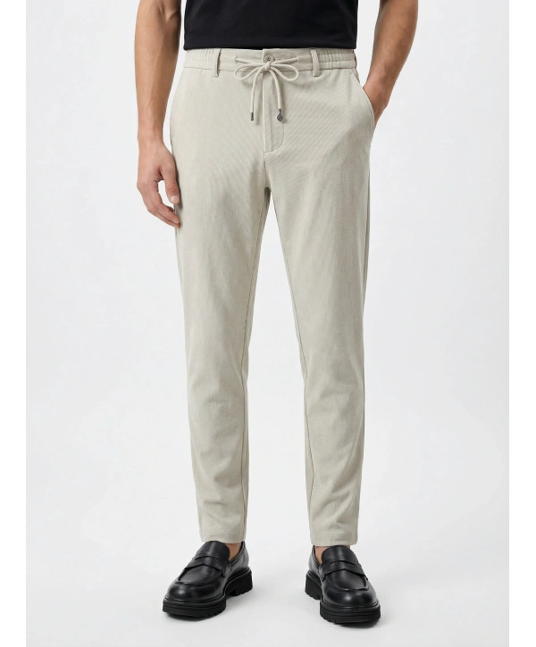 Erkek Beli Lastikli Likralı Joger Pantolon-Krem