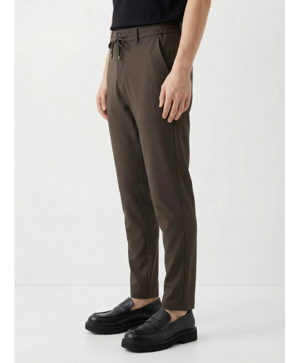 Erkek Beli Lastikli Likralı Joger Pantolon-Kahverengi