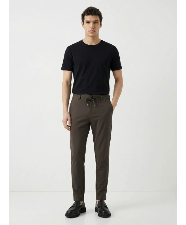 Erkek Beli Lastikli Likralı Joger Pantolon-Kahverengi