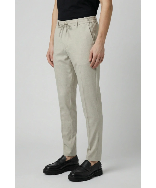 Erkek Beli Lastikli Likralı Joger Pantolon-Krem